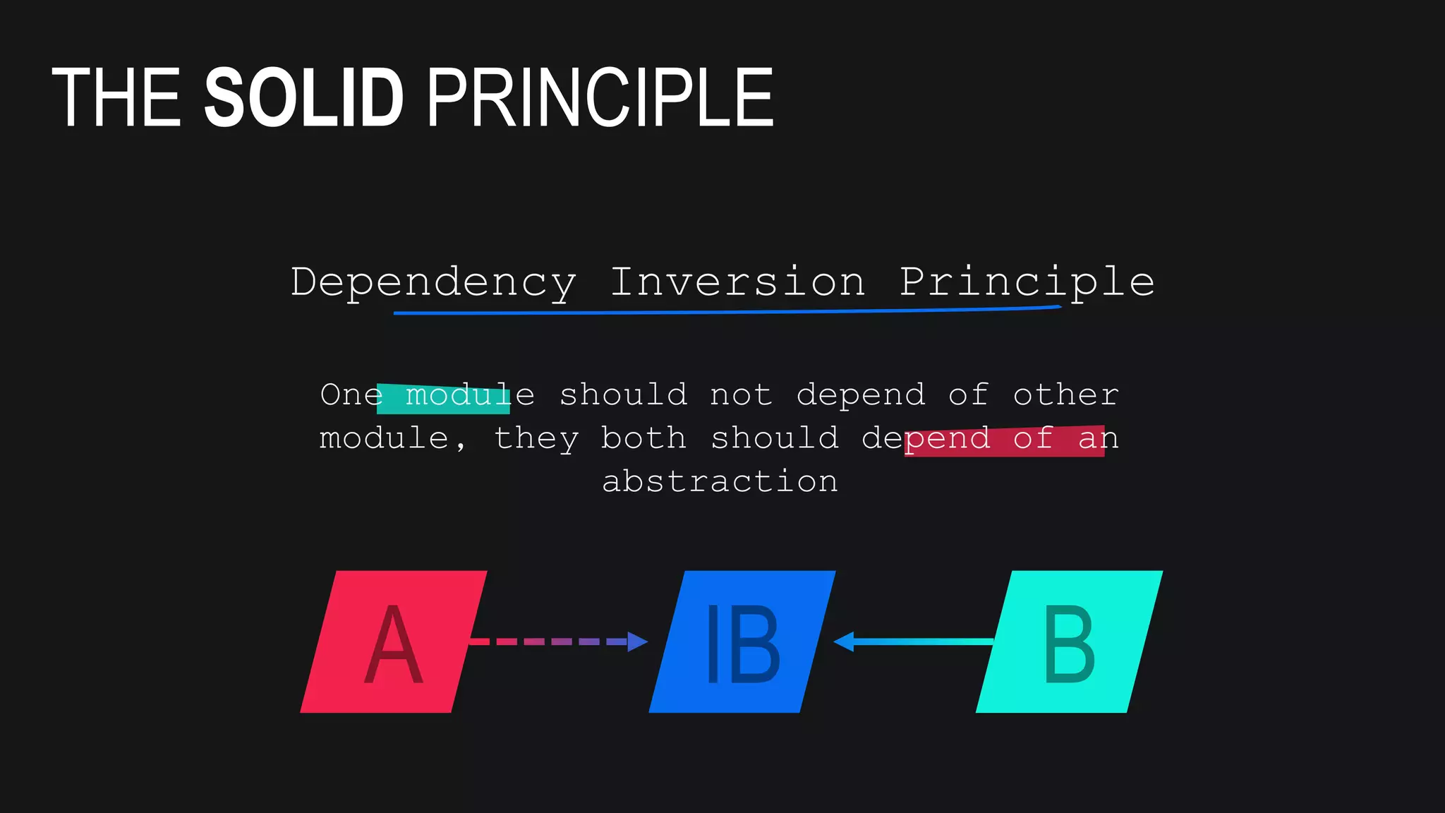 A
THE SOLID PRINCIPLE
A BIB
Dependency Inversion Principle
One module should not depend of other
module, they both should depend of an
abstraction
 