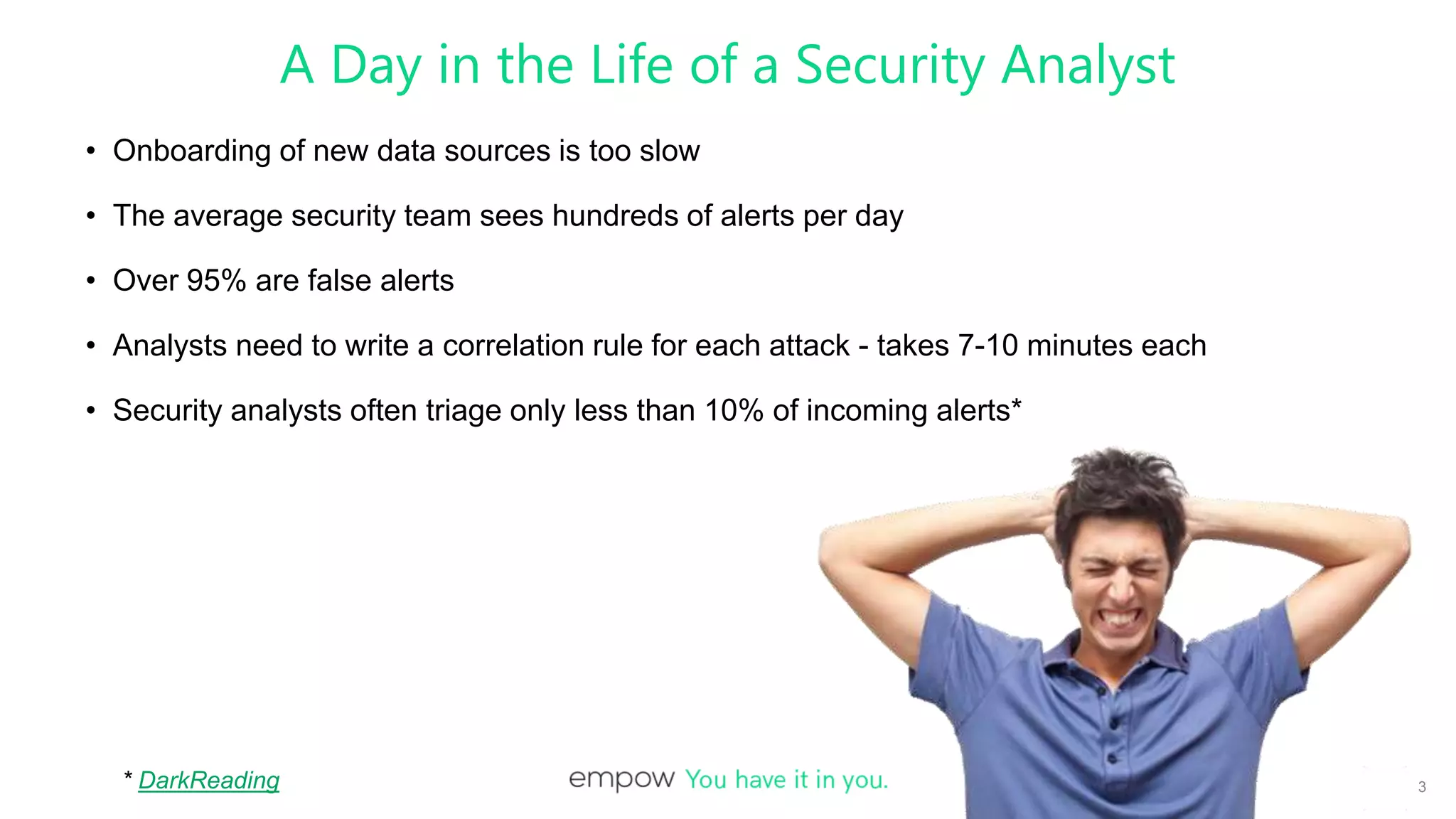 A Day in the Life of a Security Analyst
3
• Onboarding of new data sources is too slow
• The average security team sees hundreds of alerts per day
• Over 95% are false alerts
• Analysts need to write a correlation rule for each attack - takes 7-10 minutes each
• Security analysts often triage only less than 10% of incoming alerts*
* DarkReading
 