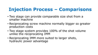 • Two stage can provide comparable size shot from a
smaller machine
• Reciprocating screw machine normally bigger so greater
production costs
• Two stage system provides 100% of the shot volume
unlike the reciprocating IMM
• Reciprocating IMM more suited to larger shots,
hydraulic power advantage
Injection Process – Comparisons
 