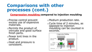 Comparisons with other
processes (cont.)
oPrecise control prevent
excess use of expensive
materials.
oPermits the product of
intricate and good surface
finish parts.
oFewer knit lines in the
product.
oHeat and pressure is
consistent.
oMedium production rate.
oCycle time of 2 minutes, as
opposed to injection
moulding can be counted in
seconds.
Compression moulding compared to injection moulding
 