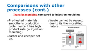 Comparisons with other
processes (cont.)
oPre-heated materials
smoothens production
cycle, hence it has high
product rate (= injection
moulding)
oFaster and cheaper set
up.
oWaste cannot be reused,
due to its thermosetting
nature.
Transfer moulding compared to injection moulding
 