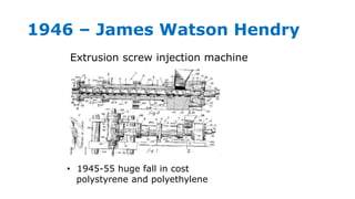1946 – James Watson Hendry
Extrusion screw injection machine
• 1945-55 huge fall in cost
polystyrene and polyethylene
 