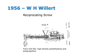 1956 – W H Willert
Reciprocating Screw
From mid 50s: high density polyethylenes and
polypropylene
 