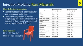 Injection Molding Raw Materials
Heat deflection temperature:
• Temperature at which a thermoplastic
can be operated under load
• This is the temperature at which a
simply supported beam specimen of the
material, with a centrally applied load,
reaches a predefined deflection
Raw materials :
PP + LDPE (color) +
Master batch (strength)
9
 
