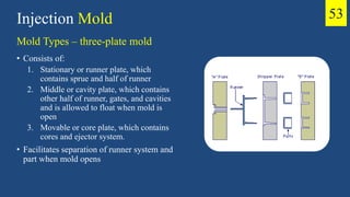 Mold Types – three-plate mold
• Consists of:
1. Stationary or runner plate, which
contains sprue and half of runner
2. Middle or cavity plate, which contains
other half of runner, gates, and cavities
and is allowed to float when mold is
open
3. Movable or core plate, which contains
cores and ejector system.
• Facilitates separation of runner system and
part when mold opens
Injection Mold 53
 