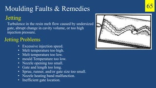 Jetting
Turbulence in the resin melt flow caused by undersized
gate, abrupt change in cavity volume, or too high
injection pressure.
Moulding Faults & Remedies
Jetting Problems
• Excessive injection speed.
• Melt temperature too high.
• Melt temperature too low.
• mould Temperature too low.
• Nozzle opening too small.
• Gate and length too long.
• Sprue, runner, and/or gate size too small.
• Nozzle heating band malfunction.
• Inefficient gate location.
65
 