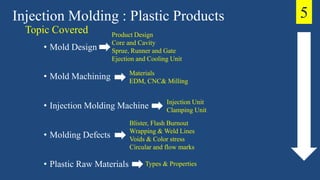 Injection Molding : Plastic Products
• Mold Design
• Mold Machining
• Injection Molding Machine
• Molding Defects
• Plastic Raw Materials
Injection Unit
Clamping Unit
Product Design
Core and Cavity
Sprue, Runner and Gate
Ejection and Cooling Unit
Topic Covered
Materials
EDM, CNC& Milling
Blister, Flash Burnout
Wrapping & Weld Lines
Voids & Color stress
Circular and flow marks
Types & Properties
5
 