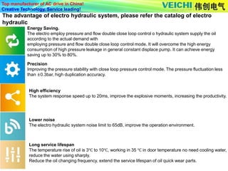 Top manufacturer of AC drive in China!
Creative Technology, Service leading!
The advantage of electro hydraulic system, please refer the catalog of electro
hydraulic
Energy Saving.
The electro employ pressure and flow double close loop control o hydraulic system supply the oil
according to the actual demand with
employing pressure and flow double close loop control mode. It will overcome the high energy
consumption of high pressure leakage in general constant displace pump. It can achieve energy
saving up to 30% to 80%.
Precision
Improving the pressure stability with close loop pressure control mode. The pressure fluctuation less
than ±0.3bar, high duplication accuracy.
High efficiency
The system response speed up to 20ms, improve the explosive moments, increasing the productivity.
Lower noise
The electro hydraulic system noise limit to 65dB, improve the operation environment.
Long service lifespan
The temperature rise of oil is 3℃ to 10℃, working in 35 ℃ in door temperature no need cooling water,
reduce the water using sharply.
Reduce the oil changing frequency, extend the service lifespan of oil quick wear parts.
 