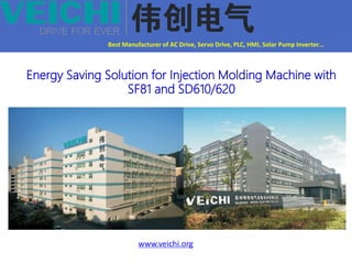 Top manufacturer of AC drive in China!
Creative Technology, Service leading!
Best Manufacturer of AC Drive, Servo Drive, PLC, HMI, Solar Pump Inverter…
Energy Saving Solution for Injection Molding Machine with
SF81 and SD610/620
www.veichi.org
 