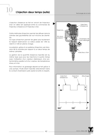 Technologie de la moto
A.N.F.A. / Édition 2005
42 Les Dossiers
Techniques
L'injection d'essence se fait en amont de l'injecteur
d'air. Un délai est appliqué entre la commande de
l'injecteur d'essence et l'injecteur d'air.
Cette méthode d'injection permet de diffuser dans le
cylindre des gouttelettes de huit microns de diamè-
tre.
Ce type d'injection permet de gérer plus facilement
le rapport essence/air. La valeur passe de 1/50 au
ralenti à 1/20 en pleine charge.
La pollution, grâce à ce système d'injection, est d'en-
viron 50 % moindre par rapport à un deux temps de
même cylindrée.
La gestion de la quantité d'essence injectée est du
même type que pour les injections à quatre temps
avec l'utilisation d'un capteur vilebrequin, d'un po-
tentiomètre papillon et d'un capteur de température
d'eau et d'air.
Pour information, le graissage séparé se fait grâce à
une pompe, l'huile étant injectée directement dans
le conduit d'admission juste après la boîte à clapets.
10 L'injection deux temps (suite)
Injecteur d'air
Chambre de
pré-mélange
Injecteur
d'essence
Air sous
pression
Essence
Injection
d'air
AllumageInjection
d'essence
 
