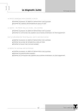 Technologie de la moto
A.N.F.A. / Édition 2005
44 Les Dossiers
Techniques
LA MOTO DÉMARRE DIFFICILEMENT A FROID
 Vérifier la pression, le débit et l'alimentation de la pompe.
 Vérifier les capteurs de température d'eau et d'air.
LA MOTO « NE PREND PAS LES TOURS » EN CHARGE
 Vérifier la pression, le débit et l'alimentation de la pompe.
 Vérifier la commande des papillons secondaires d'admission et d'échappement.
SOIT LE MÉLANGE EST TROP PAUVRE, SOIT IL EST TROP RICHE
 Vérifier la pression, le débit et l'alimentation de la pompe.
 Vérifier les sondes de température d'eau et d'air.
 Vérifier la tension de la sonde lambda.
LA MOTO NE RÉPOND PAS EN REPRISE
 Vérifier la pression, le débit et l'alimentation de la pompe.
 Vérifier le potentiomètre papillon.
 Vérifier la commande des papillons secondaires d'admission et d'échappement.
11 Le diagnostic (suite)
 