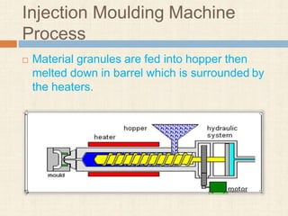 Injection Moulding Machine
Process
 Material granules are fed into hopper then
melted down in barrel which is surrounded by
the heaters.
 