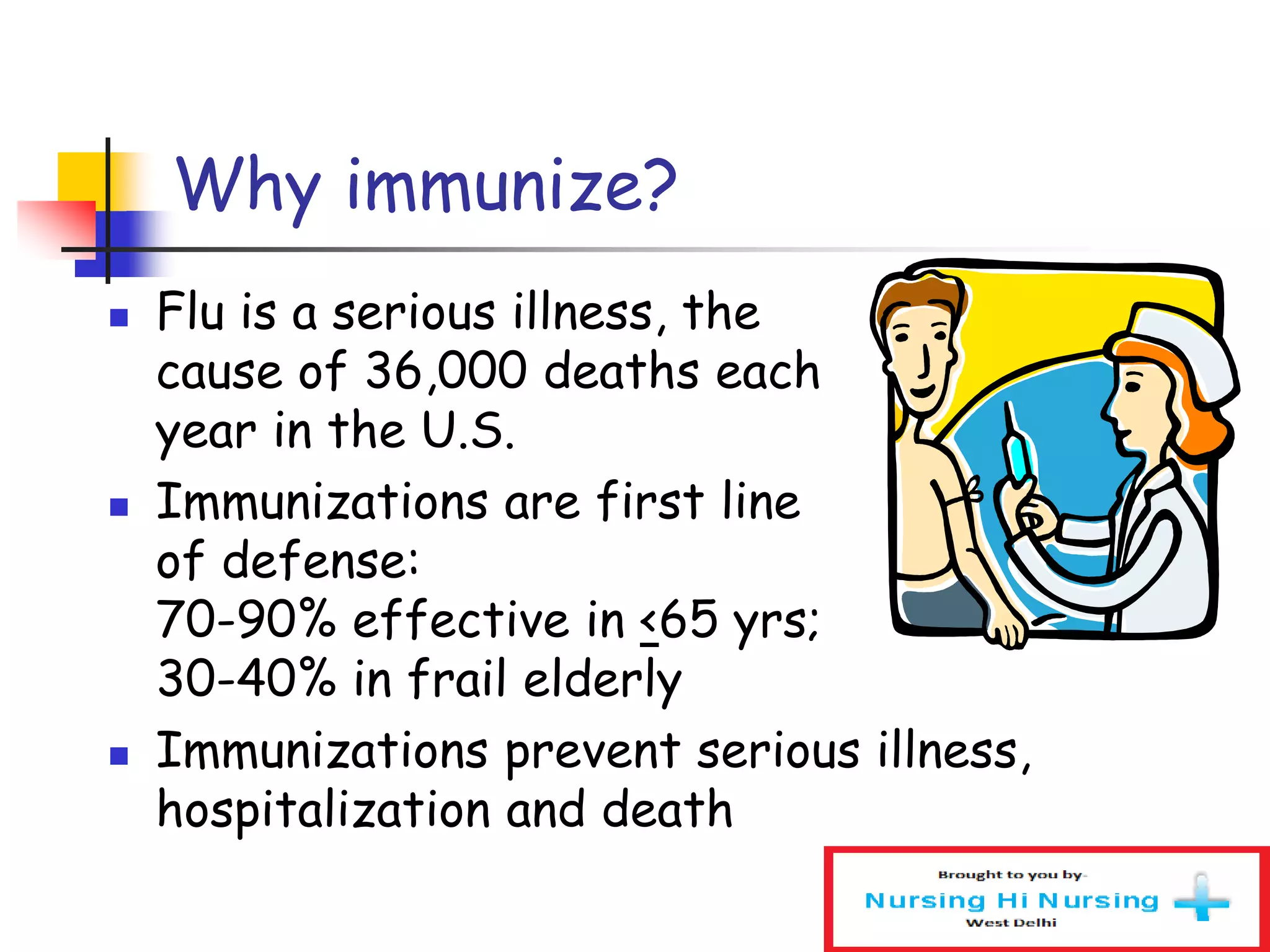 Why immunize?
 Flu is a serious illness, the
cause of 36,000 deaths each
year in the U.S.
 Immunizations are first line
of defense:
70-90% effective in <65 yrs;
30-40% in frail elderly
 Immunizations prevent serious illness,
hospitalization and death
 