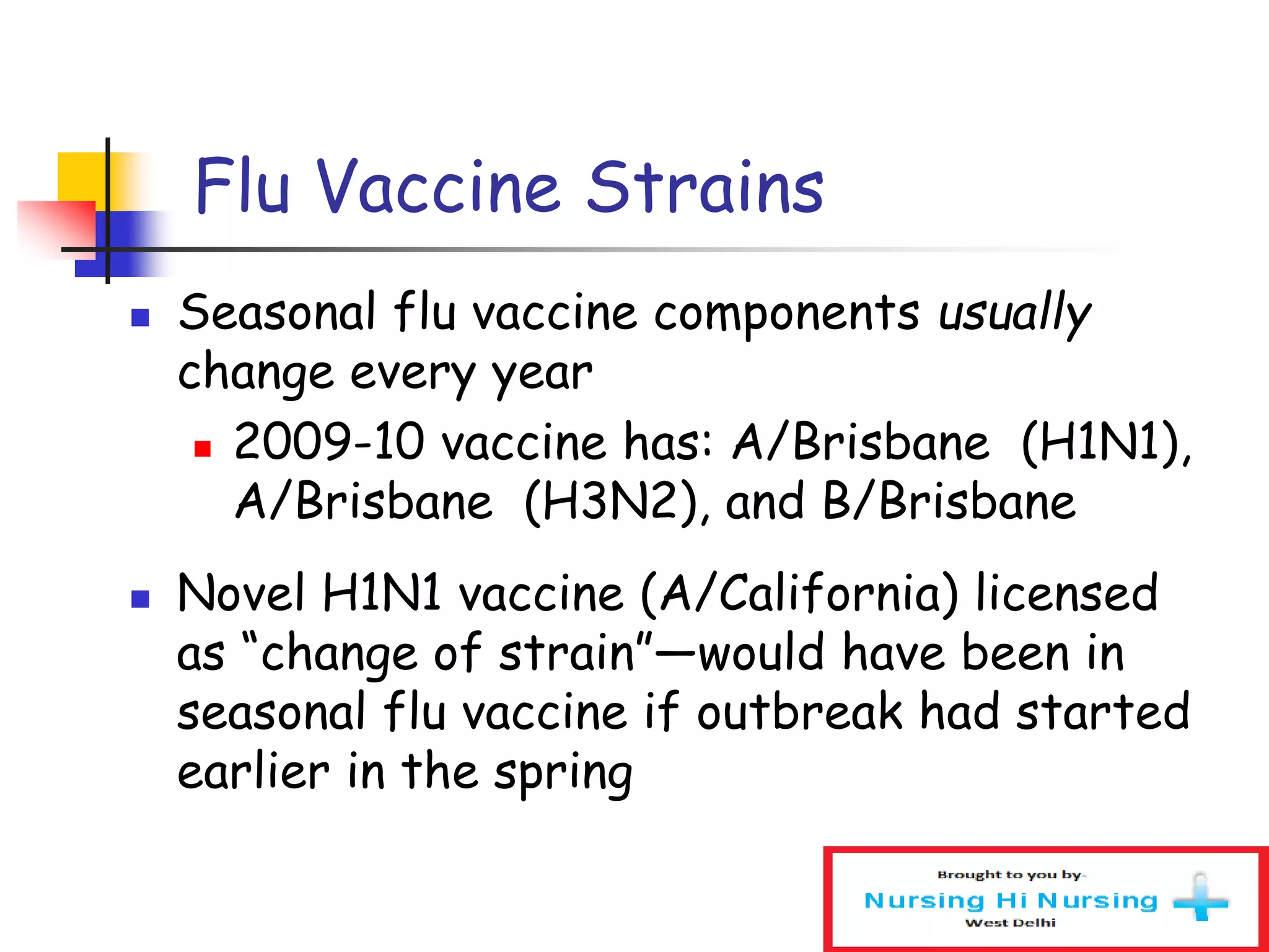 Flu Vaccine Strains
 Seasonal flu vaccine components usually
change every year
 2009-10 vaccine has: A/Brisbane (H1N1),
A/Brisbane (H3N2), and B/Brisbane
 Novel H1N1 vaccine (A/California) licensed
as “change of strain”—would have been in
seasonal flu vaccine if outbreak had started
earlier in the spring
 