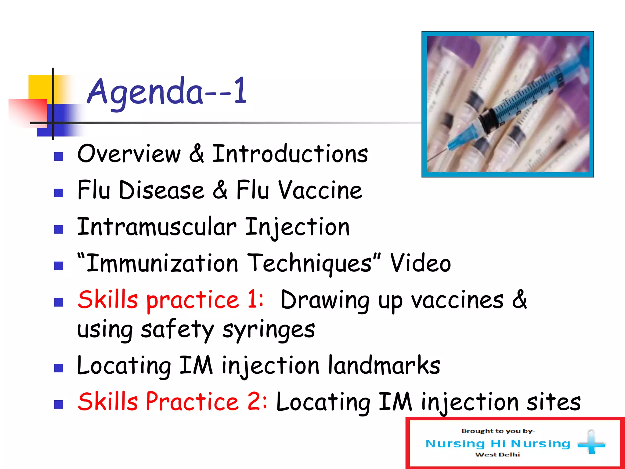 Agenda--1
 Overview & Introductions
 Flu Disease & Flu Vaccine
 Intramuscular Injection
 “Immunization Techniques” Video
 Skills practice 1: Drawing up vaccines &
using safety syringes
 Locating IM injection landmarks
 Skills Practice 2: Locating IM injection sites
 