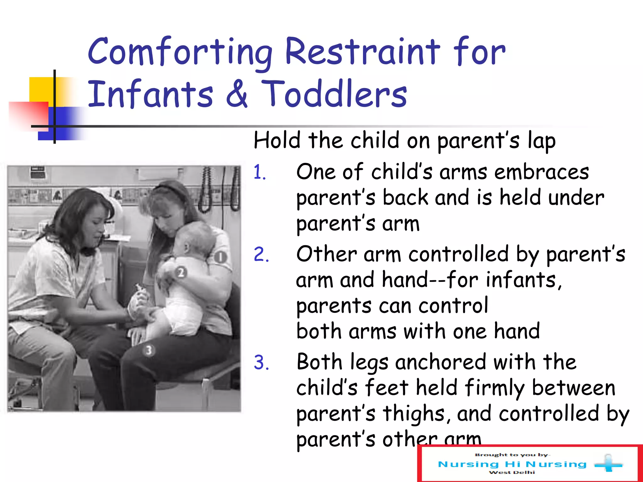Comforting Restraint for
Infants & Toddlers
Hold the child on parent’s lap
1. One of child’s arms embraces
parent’s back and is held under
parent’s arm
2. Other arm controlled by parent’s
arm and hand--for infants,
parents can control
both arms with one hand
3. Both legs anchored with the
child’s feet held firmly between
parent’s thighs, and controlled by
parent’s other arm.
 