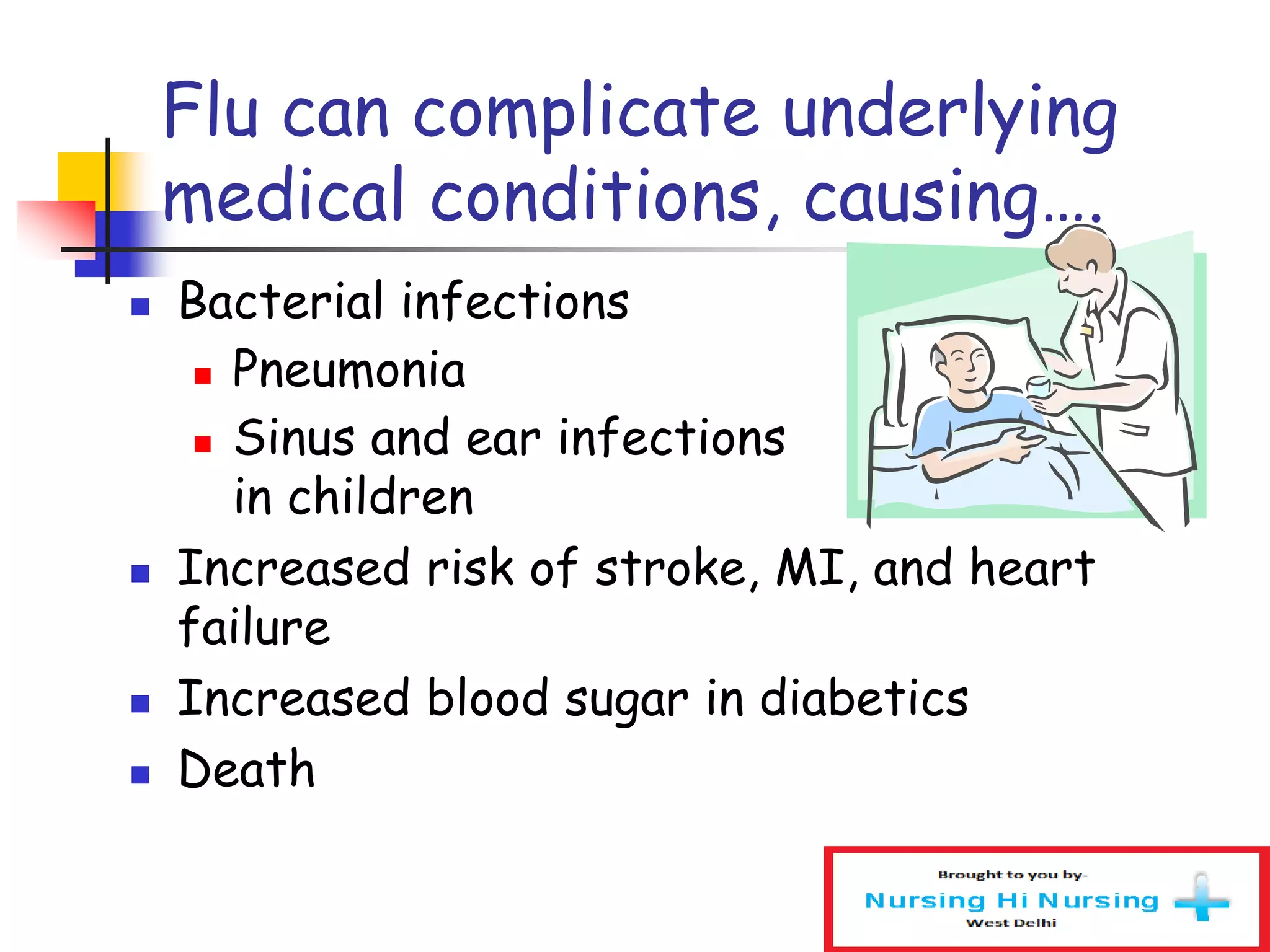 Flu can complicate underlying
medical conditions, causing….
 Bacterial infections
 Pneumonia
 Sinus and ear infections
in children
 Increased risk of stroke, MI, and heart
failure
 Increased blood sugar in diabetics
 Death
 