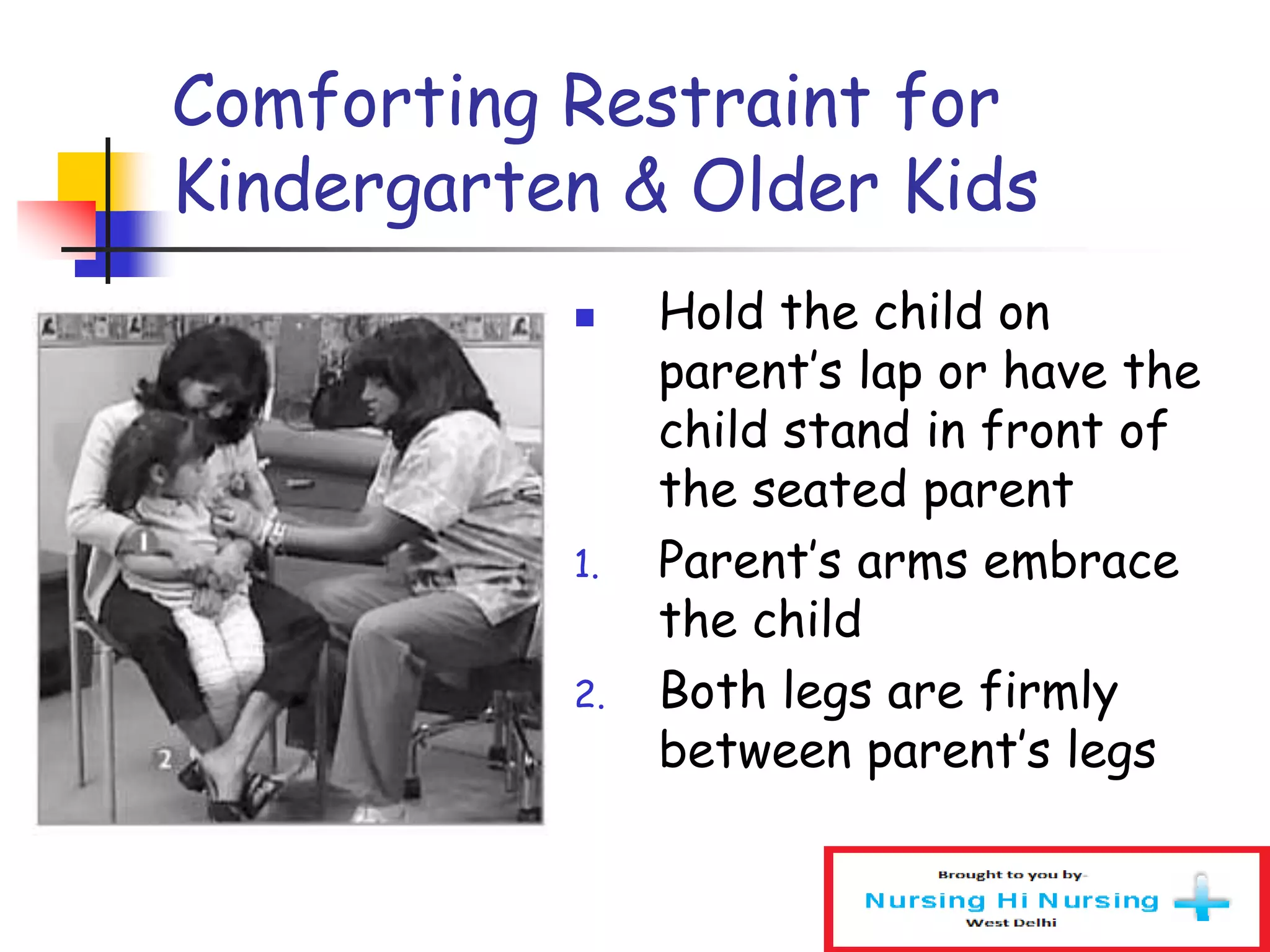 Comforting Restraint for
Kindergarten & Older Kids
 Hold the child on
parent’s lap or have the
child stand in front of
the seated parent
1. Parent’s arms embrace
the child
2. Both legs are firmly
between parent’s legs
 