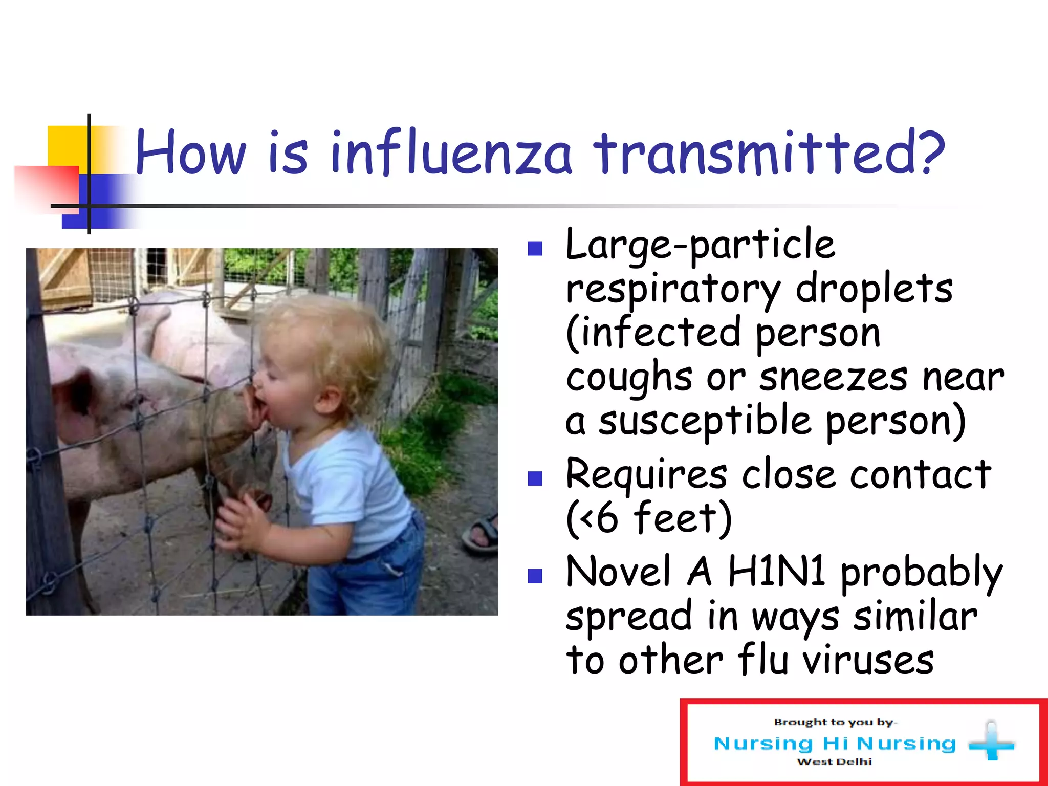 How is influenza transmitted?
 Large-particle
respiratory droplets
(infected person
coughs or sneezes near
a susceptible person)
 Requires close contact
(<6 feet)
 Novel A H1N1 probably
spread in ways similar
to other flu viruses
 
