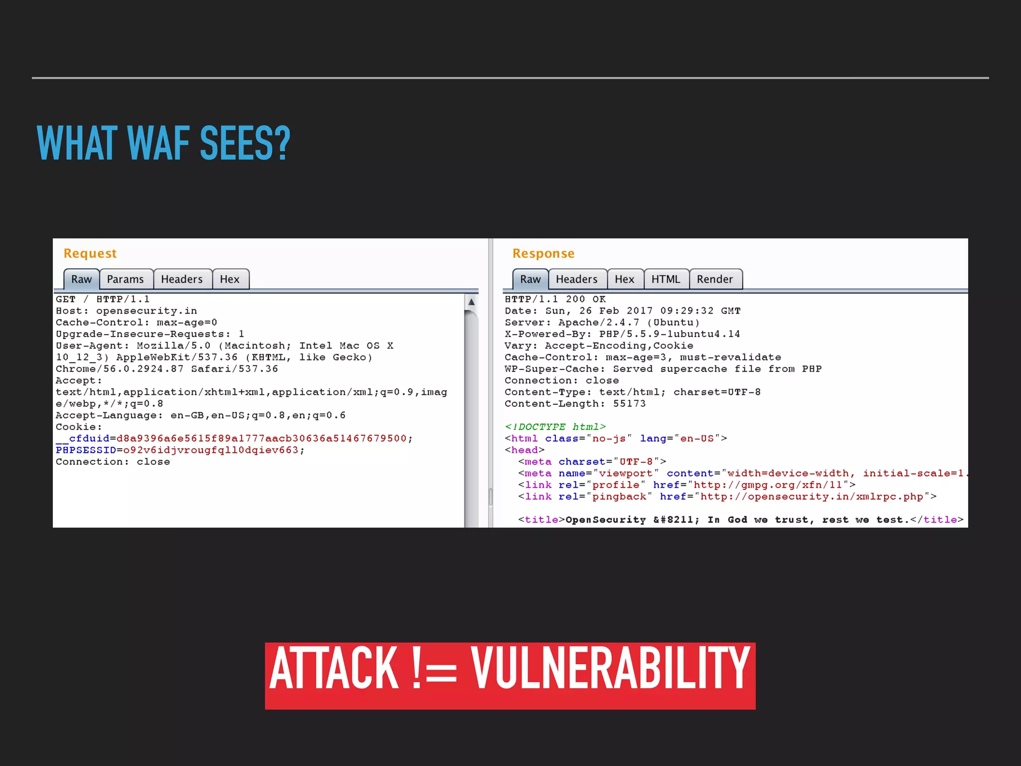 WHAT WAF SEES?
ATTACK != VULNERABILITY
 