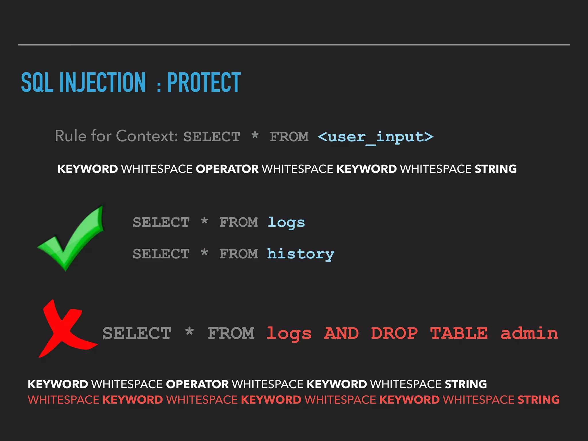SQL INJECTION : PROTECT
KEYWORD WHITESPACE OPERATOR WHITESPACE KEYWORD WHITESPACE STRING
Rule for Context: SELECT * FROM <user_input>
SELECT * FROM logs
SELECT * FROM history
SELECT * FROM logs AND DROP TABLE admin
KEYWORD WHITESPACE OPERATOR WHITESPACE KEYWORD WHITESPACE STRING  
WHITESPACE KEYWORD WHITESPACE KEYWORD WHITESPACE KEYWORD WHITESPACE STRING
 