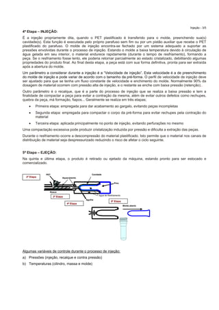 Injeção - 3/5
4ª Etapa – INJEÇÃO:
É a injeção propriamente dita, quando o PET plastificado é transferido para o molde, preenchendo sua(s)
cavidade(s). Esta função é executada pelo próprio parafuso sem fim ou por um pistão auxiliar que recebe o PET
plastificado do parafuso. O molde de injeção encontra-se fechado por um sistema adequado a suportar as
pressões envolvidas durante o processo de injeção. Estando o molde a baixa temperatura devido à circulação de
água gelada em seu interior, o material endurece rapidamente (durante o tempo de resfriamento), formando a
peça. Se o resfriamento fosse lento, ele poderia retornar parcialmente ao estado cristalizado, debilitando algumas
propriedades do produto final. Ao final desta etapa, a peça está com sua forma definitiva, pronta para ser extraída
após a abertura do molde.
Um parâmetro a considerar durante a injeção é a “Velocidade de injeção”. Esta velocidade é a de preenchimento
do molde de injeção e pode variar de acordo com o tamanho da pré-forma. O perfil de velocidade de injeção deve
ser ajustado para que se tenha um fluxo constante de velocidade e enchimento do molde. Normalmente 90% da
dosagem de material ocorrem com pressão alta de injeção, e o restante se enche com baixa pressão (retenção)..
Outro parâmetro é o recalque, que é a parte do processo de injeção que se realiza a baixa pressão e tem a
finalidade de compactar a peça para evitar a contração da mesma, além de evitar outros defeitos como rechupes,
quebra da peça, má formação, fiapos... Geralmente se realiza em três etapas;
 Primeira etapa: empregada para dar acabamento ao gargalo, evitando peças incompletas
 Segunda etapa: empregada para compactar o corpo da pré-forma para evitar rechupes pela contração do
material
 Terceira etapa: aplicada principalmente no ponto de injeção, evitando perfurações no mesmo
Uma compactação excessiva pode produzir cristalização induzida por pressão e dificulta a extração das peças.
Durante o resfriamento ocorre a descompressão do material plastificado. Isto permite que o material nos canais de
distribuição de material seja despressurizado reduzindo o risco de afetar o ciclo seguinte.
5ª Etapa – EJEÇÃO:
Na quinta e última etapa, o produto é retirado ou ejetado da máquina, estando pronto para ser estocado e
comercializado.
Algumas variáveis de controle durante o processo de injeção:
a) Pressões (injeção, recalque e contra pressão)
b) Temperaturas (cilindro, massa e molde)
Molde aberto
Pino
Cavidade
Rosca
Aquecimento
Água de Resfriamento
PET
Agulha
3ª Etapa
4ª Etapa
5ª Etapa
2ª Etapa
 