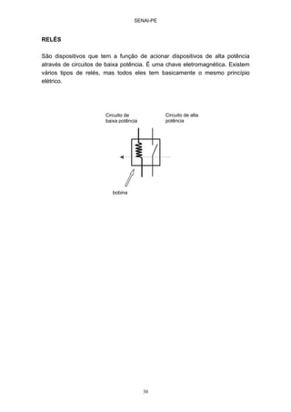 SENAI-PE
30
RELÉS
São dispositivos que tem a função de acionar dispositivos de alta potência
através de circuitos de baixa potência. É uma chave eletromagnética. Existem
vários tipos de relés, mas todos eles tem basicamente o mesmo princípio
elétrico.
Circuito de
baixa potência
Circuito de alta
potência
bobina
 