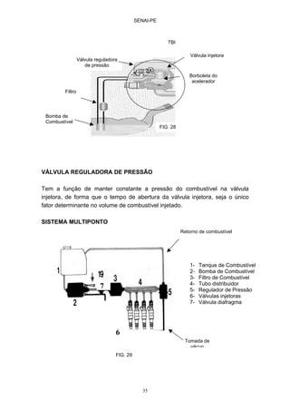 SENAI-PE
35
VÁLVULA REGULADORA DE PRESSÃO
Tem a função de manter constante a pressão do combustível na válvula
injetora, de forma que o tempo de abertura da válvula injetora, seja o único
fator determinante no volume de combustível injetado.
SISTEMA MULTIPONTO
1- Tanque de Combustível
2- Bomba de Combustível
3- Filtro de Combustível
4- Tubo distribuidor
5- Regulador de Pressão
6- Válvulas injetoras
7- Válvula diafragma
6
7
Tomada de
vácuo
Retorno de combustível
Válvula injetora
Válvula reguladora
de pressão
Borboleta do
acelerador
Filtro
Bomba de
Combustível
TBI
FIG. 28
FIG. 29
 