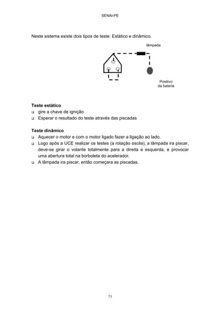 SENAI-PE
73
Neste sistema existe dois tipos de teste: Estático e dinâmico.
Teste estático
gire a chave de ignição
Esperar o resultado do teste através das piscadas
Teste dinâmico
Aquecer o motor e com o motor ligado fazer a ligação ao lado.
Logo após a UCE realizar os testes (a rotação oscila), a lâmpada ira piscar,
deve-se girar o volante totalmente para a direita e esquerda, e provocar
uma abertura total na borboleta do acelerador.
A lâmpada ira piscar, então começara as piscadas.
lâmpada
Positivo
da bateria
 