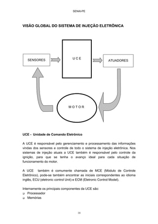 SENAI-PE
10
VISÃO GLOBAL DO SISTEMA DE INJEÇÃO ELETRÔNICA
UCE - Unidade de Comando Eletrônico
A UCE é responsável pelo gerenciamento e processamento das informações
vindas dos sensores e controle de todo o sistema de injeção eletrônica. Nos
sistemas de injeção atuais a UCE também é responsável pelo controle da
ignição, para que se tenha o avanço ideal para cada situação de
funcionamento do motor.
A UCE também é comumente chamada de MCE (Módulo de Controle
Eletrônico), pode-se também encontrar as iniciais correspondentes ao idioma
inglês, ECU (eletronic control Unit) e ECM (Eletronic Control Model).
Internamente os principais componentes da UCE são:
Processador
Memórias
U C ESENSORES ATUADORES
M O T O R
 