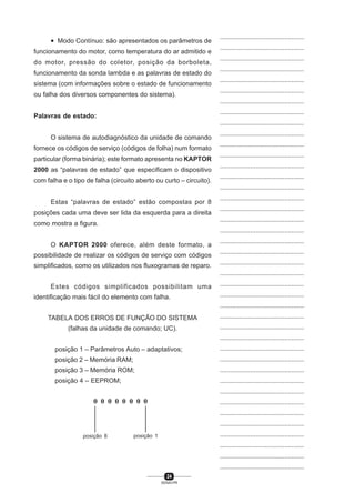 24
SENAI-PR
...............................................
...............................................
...............................................
...............................................
...............................................
...............................................
...............................................
...............................................
...............................................
...............................................
...............................................
...............................................
...............................................
...............................................
...............................................
...............................................
...............................................
...............................................
...............................................
...............................................
...............................................
...............................................
...............................................
...............................................
...............................................
...............................................
...............................................
...............................................
...............................................
...............................................
...............................................
...............................................
...............................................
...............................................
...............................................
...............................................
...............................................
...............................................
...............................................
...............................................
...............................................
• Modo Contínuo: são apresentados os parâmetros de
funcionamento do motor, como temperatura do ar admitido e
do motor, pressão do coletor, posição da borboleta,
funcionamento da sonda lambda e as palavras de estado do
sistema (com informações sobre o estado de funcionamento
ou falha dos diversos componentes do sistema).
Palavras de estado:
O sistema de autodiagnóstico da unidade de comando
fornece os códigos de serviço (códigos de folha) num formato
particular (forma binária); este formato apresenta no KAPTOR
2000 as “palavras de estado” que especificam o dispositivo
com falha e o tipo de falha (circuito aberto ou curto – circuito).
Estas “palavras de estado” estão compostas por 8
posições cada uma deve ser lida da esquerda para a direita
como mostra a figura.
O KAPTOR 2000 oferece, além deste formato, a
possibilidade de realizar os códigos de serviço com códigos
simplificados, como os utilizados nos fluxogramas de reparo.
Estes códigos simplificados possibilitam uma
identificação mais fácil do elemento com falha.
TABELA DOS ERROS DE FUNÇÃO DO SISTEMA
(falhas da unidade de comando; UC).
posição 1 – Parâmetros Auto – adaptativos;
posição 2 – Memória RAM;
posição 3 – Memória ROM;
posição 4 – EEPROM;
posição 8
0 0 0 0 0 0 0 0
posição 1
 