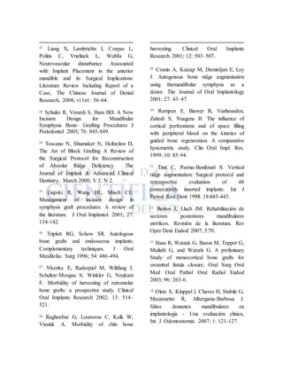 22
Liang X, Lambrichts I, Corpas L,
Politis C, Vrielinck L, WuMa G,
Neurovascular disturbance Associated
with Implant Placement in the anterior
mandible and its Surgical Implications:
Literature Review Including Report of a
Case, The Chinese Journal of Dental
Research, 2008; v11n1: 56-64.
23 Schuler R, Verardi S, Ham BD. A New
Incision Design for Mandibular
Symphysis Bone- Grafting Procedures J
Periodontol 2005; 76: 845-849.
24
Toscano N, Shumaker N, Holtzclaw D,
The Art of Block Grafting A Review of
the Surgical Protocol for Reconstruction
of Alveolar Ridge Deficiency The
Journal of Implant & Advanced Clinical
Dentistry, March 2000; V 2: N 2.
25
Gapski R, Wang HL, Misch CE.
Management of incision design in
symphysis graft procedures: A review of
the literature. J Oral Implantol. 2001; 27:
134-142.
26
Triplett RG, Schow SR. Autologous
bone grafts and endosseous implants:
Complementary techniques. J Oral
Maxillofac Surg 1996; 54: 486-494.
27
Nkenke E, Radespiel M, Wiltfang J,
Schultze-Mosgau S, Winkler G, Neukam
F. Morbidity of harvesting of retromolar
bone grafts: a prospective study. Clinical
Oral Implants Research 2002; 13: 514–
521.
28 Raghoebar G, Louwerse C, Kalk W,
Vissink A. Morbidity of chin bone
harvesting. Clinical Oral Implants
Research 2001; 12: 503–507.
29
Cranin A, Katzap M, Demirdjan E, Ley
J. Autogenous bone ridge augmentation
using themandibular symphysis as a
donor. The Journal of Oral Implantology
2001; 27: 43–47.
30
Rompen E, Biewer R, Vanheusden,
Zahedi S, Nusgens B. The influence of
cortical perforations and of space filling
with peripheral blood on the kinetics of
guided bone regeneration. A comparative
hystometric study. Clin Oral Impl. Res.
1999; 10: 85-94.
31
Tinti C, Parma-Benfenati S. Vertical
ridge augmentation: Surgical protocol and
retrospective evaluation of 48
consecutively inserted implants. Int J
Period Rest Dent 1998. 18:445-443.
32
Bertos J, Lluch JM. Rehabilitación de
sectores posteriores mandibulares
atróficos. Revisión de la literatura. Rev
Oper Dent Endod 2007; 5:70.
33
Haas R, Watzak G, Baron M, Tepper G,
Mailath G, and Watzek G. A preliminary
Study of monocortical bone grafts for
oroantral fistula closure, Oral Surg Oral
Med Oral Pathol Oral Radiol Endod
2003; 96: 263-6.
34 Olate S, Kluppel l, Chaves H, Stabile G,
Mazzonetto R, Albergaria-Barbosa J.
Sitios donantes mandibulares en
implantología - Una evaluación clínica,
Int. J. Odontostomat. 2007; 1: 121-127.
 