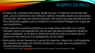 INJERTO DE PELO
• El injerto de unidades foliculares (GUB) incluye 1-4 folículos terminales del
pelo, uno (o raramente dos) folículos vellosos, lobulillos sebáceas asociadas,
la inserción del músculo erector del pelo, red neurovascular perifolicular etc.
Esta definición sugiere que la unidad es una entidad fisiológica en lugar de
uno anatómica.
• Para todos los propósitos prácticos, es mejor para describir una unidad
folicular como una agregación de los ejes del pelo emergentes desde el
cuero cabelludo, en el que la distancia entre los pelos es menor que la
distancia más cercana a la agregación de los pelos.
• Este patrón ha de tenerse en cuenta al cosechar, disección, y el trasplante
de cabello para lograr la máxima eficiencia, y para dar una apariencia
natural para el paciente.
Hair transplantation surgery Manoj Khanna Consultant Cosmetic Surgeon, Cosmetic Surgery Clinic, 2008
 