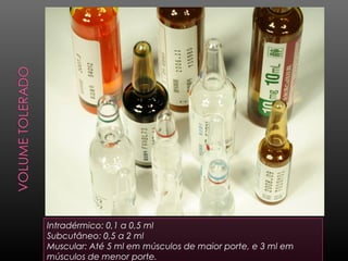 Intradérmico: 0,1 a 0,5 ml
Subcutâneo: 0,5 a 2 ml
Muscular: Até 5 ml em músculos de maior porte, e 3 ml em
músculos de menor porte.

 