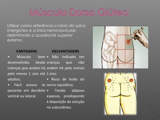 Utilizar como referência o início do sulco
interglúteo e a linha hemiclavicular,
delimitando o quadrante superior
externo.
VANTAGENS
•
Músculo
bem
desenvolvido, desde
crianças que andam há
pelo menos 1 ano até
adultos;
• Fácil acesso se
paciente em decúbito
ventral ou lateral.

DESVANTAGENS
• Não indicado em
crianças
que
não
andem há pelo menos
1 ano;
• Risco de lesão do
nervo isquiático;
•
Tecido
adiposo
espesso, predispondo
à deposição da solução
no subcutâneo.

 