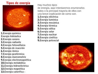 Hay muchos tipos
de energía, aquí intentaremos enumerarlos
todos o la principal mayoría de ellos con
una breve explicación de como son.
1.Energía eléctrica
2.Energía lumínica
3.Energía mecánica
4.Energía térmica
5.Energía eólica
6.Energía solar
7.Energía nuclear
8.Energía cinética
9.Energía potencial
1.Energía química
Energía hidráulica
2.Energía sonora
3.Energía radiante
4.Energía fotovoltaica
5.Energía de reacción
6.Energía iónica
7.Energía geotérmica
8.Energía mareomotriz
9.Energía electromagnética
10.Energía metabólica
11.Energía hidroeléctrica
12.Energía magnética
13.Energía calorífica -
Tipos de energía
 