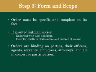Step 3: Form and Scope
• Order must be specific and complete on its
face.
• If granted without notice:
• Endorsed with date and hour,
• Filed forthwith in clerk’s office and entered of record.
• Orders are binding on parties, their officers,
agents, servants, employees, attorneys, and all
in concert or participation.
 