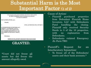 Substantial Harm is the Most
Important Factor (1 of 2)
GRANTED.
• Cause of Action:
• Plaintiff purchased properties
from Defendant Flourish Home
Investors, LLC with Defendants
Patel handling the closing.
Plaintiff only received Security
Deeds to 5 of the 10 properties,
with no explanation from
Defendants.
• Defendants violated Emergency
Ex Parte TRO
• Plaintiff’s Request for an
Interlocutory Injunction:
• To freeze all of the Defendants’
assets and their bank accounts.*
*Court did not freeze all
assets but did freeze the
amount allegedly owed.
 