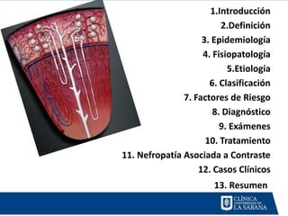 1.Introducción
                         2.Definición
                    3. Epidemiología
                    4. Fisiopatología
                           5.Etiología
                      6. Clasificación
               7. Factores de Riesgo
                       8. Diagnóstico
                         9. Exámenes
                     10. Tratamiento
11. Nefropatía Asociada a Contraste
                   12. Casos Clínicos
                       13. Resumen
 