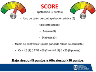 SCORE
                - Hipotensión (5 puntos)

      - Uso de balón de contrapulsación aórtica (5)

                   - Falla cardíaca (5)

                      - Anemia (3)

                     - Diabetes (3)

- Medio de contraste (1 punto por cada 100cc de contraste)

  - Cr >1,5 (4) ó TFG <60 (2) ó <40 (4) ó <20 (6 puntos)


Bajo riesgo <5 puntos y Alto riesgo >16 puntos.
 