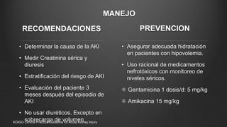 RECOMENDACIONES
• Determinar la causa de la AKI
• Medir Creatinina sérica y
diuresis
• Estratificación del riesgo de AKI
• Evaluación del paciente 3
meses después del episodio de
AKI
• No usar diuréticos. Excepto en
sobrecarga de volumen
PREVENCION
• Asegurar adecuada hidratación
en pacientes con hipovolemia.
• Uso racional de medicamentos
nefrotóxicos con monitoreo de
niveles séricos.
Gentamicina 1 dosis/d: 5 mg/kg
Amikacina 15 mg/kg
KDIGO Clinical Practice Guideline for Acute Kidney Injury
MANEJO
 
