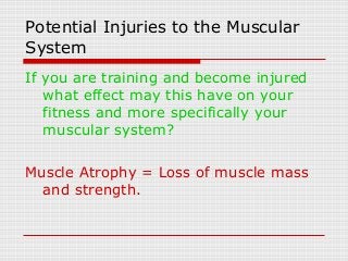 Potential Injuries to the Muscular
System
If you are training and become injured
what effect may this have on your
fitness...