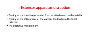 Extensor apparatus disruption
• Tearing of the quadriceps tendon from its attachment on the patella
• Tearing of the attachment of the patellar tendon from the tibial
tubercle.
• T/t: operative management
 