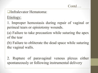Contd….
Infralevator Hematoma:
Etiology:
1. Improper hemostasis during repair of vaginal or
perineal tears or episiotomy wounds.
(a) Failure to take precaution while suturing the apex
of the tear
(b) Failure to obliterate the dead space while suturing
the vaginal walls.
2. Rupture of paravaginal venous plexus either
spontaneously or following instrumental delivery
 