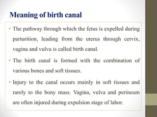 Meaning of birth canal
• The pathway through which the fetus is expelled during
parturition, leading from the uterus through cervix,
vagina and vulva is called birth canal.
• The birth canal is formed with the combination of
various bones and soft tissues.
• Injury to the canal occurs mainly in soft tissues and
rarely to the bony mass. Vagina, vulva and perineum
are often injured during expulsion stage of labor.
 