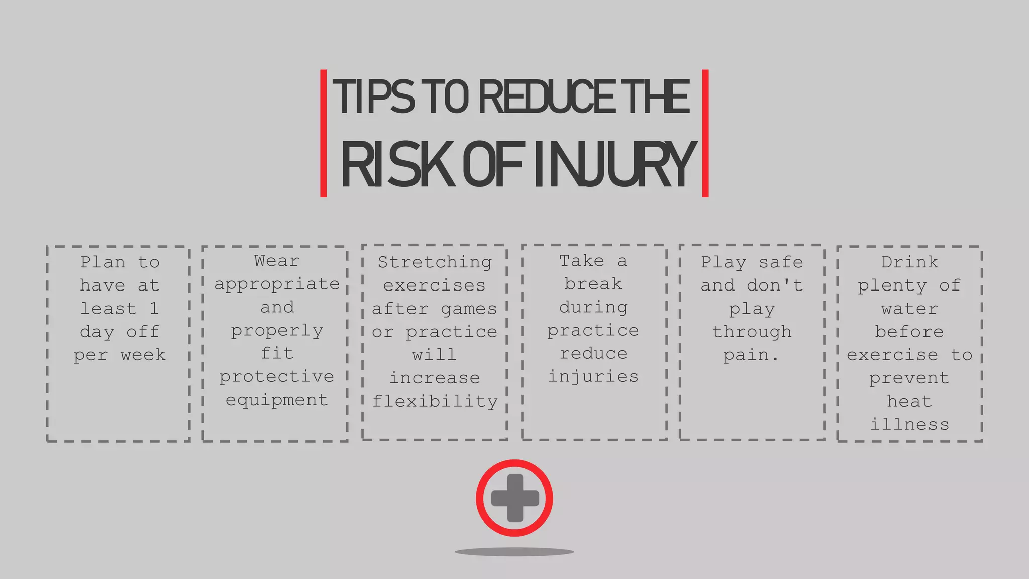 TIPS TO REDUCE THE
RISK OF INJURY
Drink
plenty of
water
before
exercise to
prevent
heat
illness
Plan to
have at
least 1
day off
per week
Wear
appropriate
and
properly
fit
protective
equipment
Stretching
exercises
after games
or practice
will
increase
flexibility
Take a
break
during
practice
reduce
injuries
Play safe
and don't
play
through
pain.
 