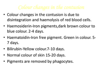 Colour changes in the contusion
• Colour changes in the contusion is due to
disintegration and haemolysis of red blood cells.
• Haemosiderin-Iron pigments,dark brown colour to
blue colour. 2-4 days.
• Haematoidin-Iron free pigment. Green in colour. 5-
7 days.
• Bilirubin-Yellow colour.7-10 days.
• Normal colour of skin 15-20 days.
• Pigments are removed by phagocytes.
 