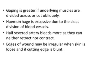 • Gaping is greater if underlying muscles are
divided across or cut obliquely.
• Haemorrhage is excessive due to the cleat
division of blood vessels.
• Half severed artery bleeds more as they can
neither retract nor contract.
• Edges of wound may be irregular when skin is
loose and if cutting edge is blunt.
 