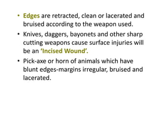 • Edges are retracted, clean or lacerated and
bruised according to the weapon used.
• Knives, daggers, bayonets and other sharp
cutting weapons cause surface injuries will
be an ‘Incised Wound’.
• Pick-axe or horn of animals which have
blunt edges-margins irregular, bruised and
lacerated.
 
