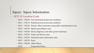 • ICD 10 Location Code
• Y92.0 – Y92.09 Non-Institutional (private) residence
• Y92.1 – Y92.19 Institutional (non-private) residence
• Y92.2 – Y92.29 School, Other institution and public administrative area
• Y92.3 – Y92.39 Sports and athletics area
• Y92.4 – Y92.48 Street, Highway and other paved roadways
• Y92.5 – Y92.59 Trade and Service area
• Y92.6 – Y92.69 Industrial and construction area
• Y92.7 – Y92.79 Farm
• Y92.8 – Y92.89 Other Places
• Y92.9 Unspecified Place
Injury: Injury Information
 